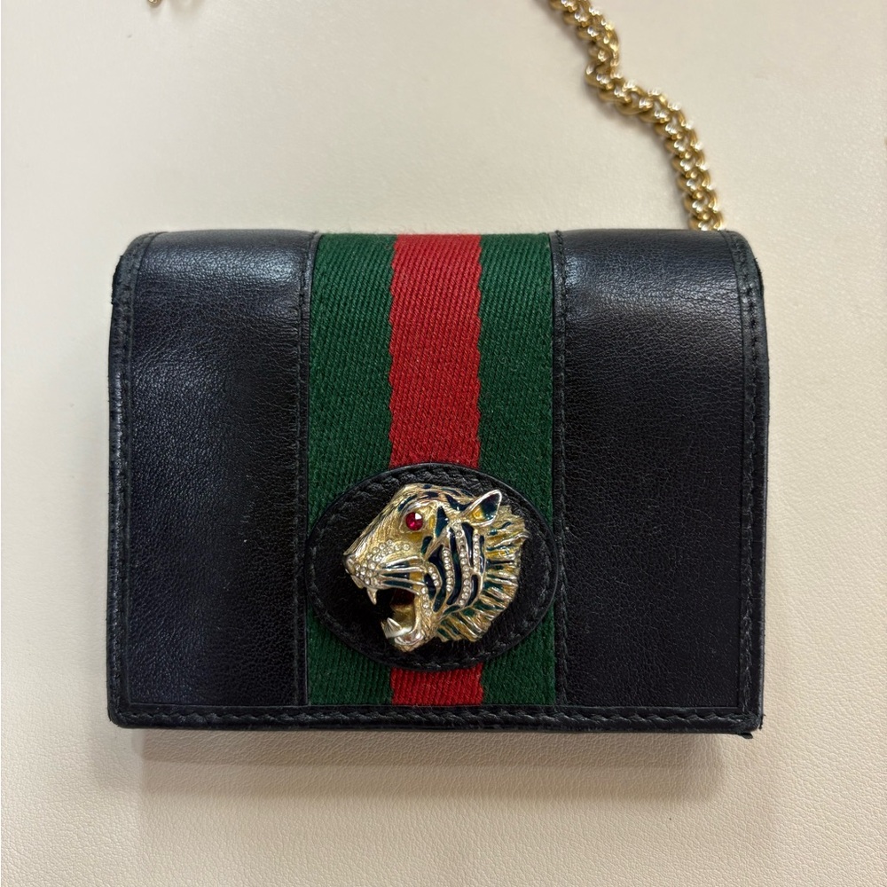 Gucci Rajah Black and Green Wallet with Gold Chain
